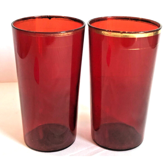 2 Vintage 1930s Ruby Red Glass Drink Tumblers Glasses Barware Gold Band Unmarked - Picture 1 of 5